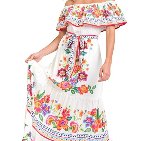 chinese dress ladies Floral Embroidered Maxi Folk Dress Lavender / XL main image 1